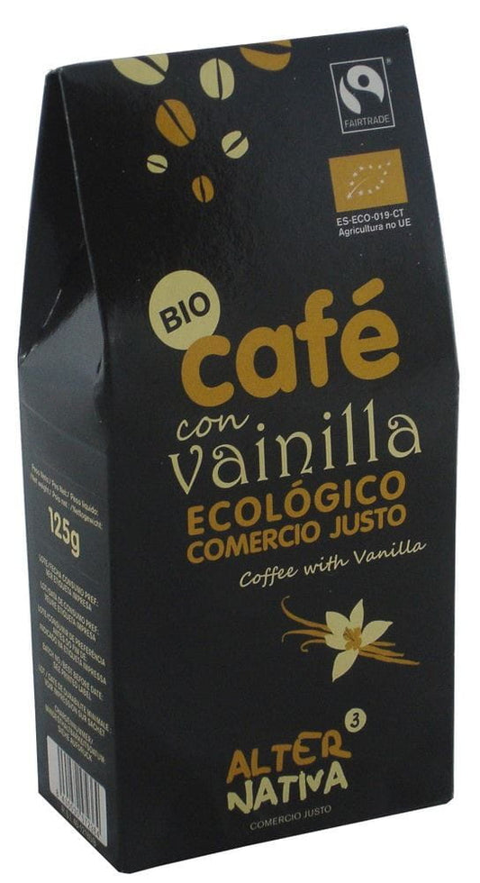 Gemahlener Bio-Kaffee mit Vanille von ALTERNATIVA, 125 g, zeigt die verschlossene Packung mit aromatischem Kaffeepulver.