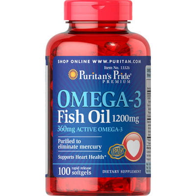 Fischöl Omega-3 1200mg in 100 Kapseln, Puritan's Pride, Flasche mit Fischöl-Kapseln auf weißem Hintergrund