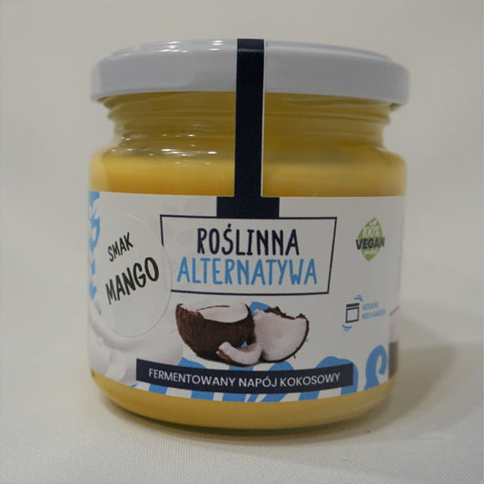 Gesundes fermentiertes Kokosnuss-Dessert mit Mango, 160 g, von HEALTHY SEEDS, cremig und fruchtig auf einem Teller serviert.