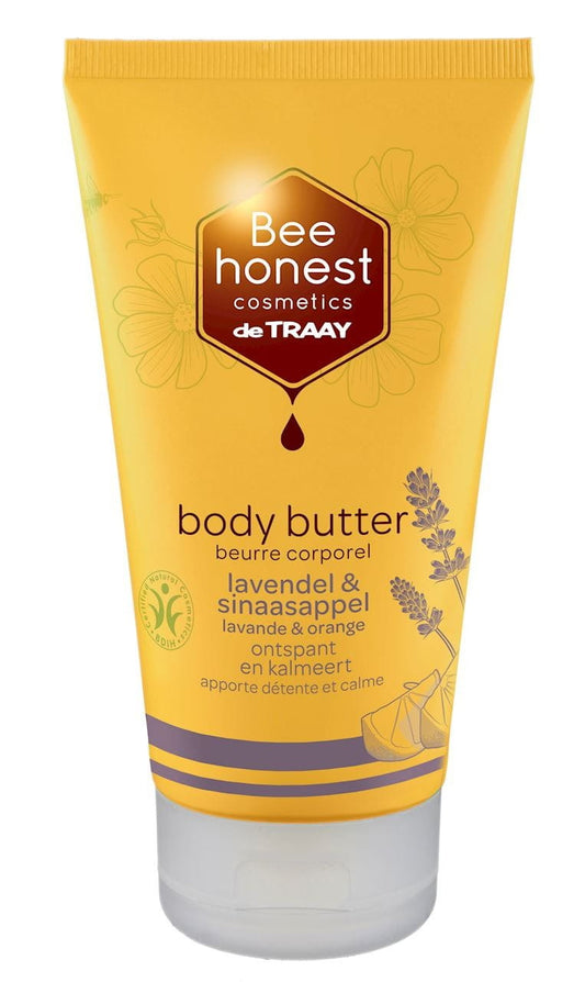 Bio-Körperbutter von BEE HONEST mit Lavendel und Orange, cremige Textur in 150 ml Glasbehälter, sichtbare Inhaltsstoffe und Duftnoten