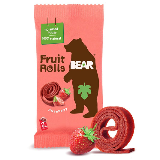 Erdbeere Fruchtbrötchen von BEAR, 20g, mit fruchtigem Erdbeergeschmack und weicher Textur, auf weißem Hintergrund.