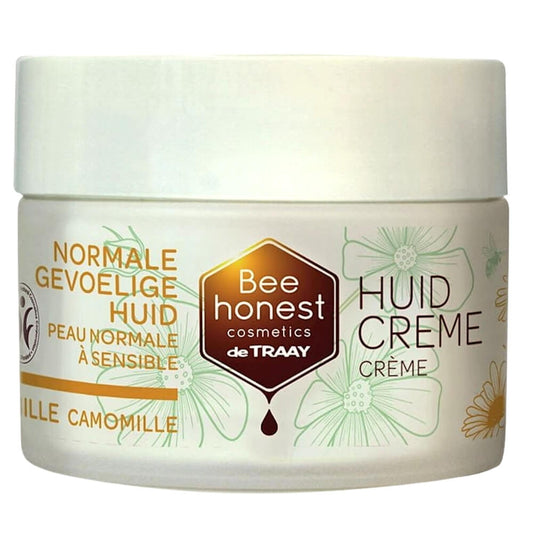 Gesichtscreme mit Kamille von BEE HONEST, 100 ml, für normale und empfindliche Haut, cremige Textur in einem Pumpspender