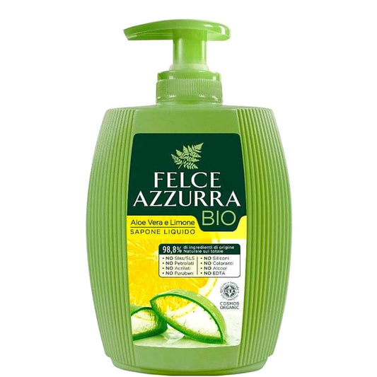 Flüssigseife Aloe und Zitrone von FELCE AZZURRA, ökologische 300 ml Flasche mit grünem Aloe- und Zitronen-Design.