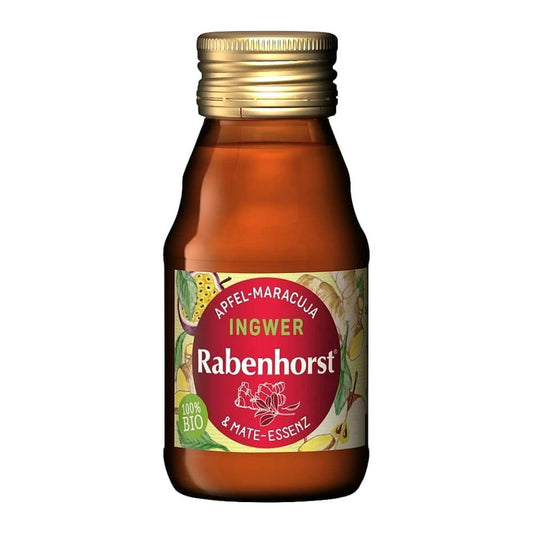 Bio Fruchtschnaps Apfel-Maracuja mit Ingwer von RABENHORST, 60 ml Flasche, hochwertige Frucht- und Ingweraromen sichtbar.