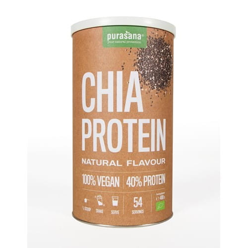 Bio glutenfreies Chiasamenprotein von PURASANA in 400 g Verpackung, zeigt die weißen Chiasamen in der Packung.