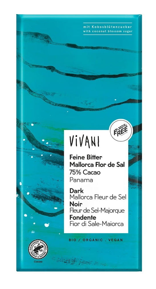 Dunkle Bio-Schokolade mit Meersalz von VIVANI, 80 g, zeigt die Schokoladentafel mit Meersalzkrümeln.