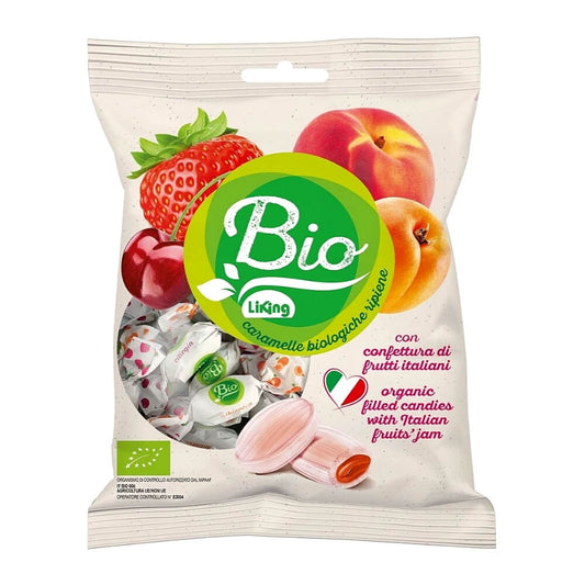 Bunte glutenfreie Bonbons mit Marmeladenfüllung in einer LIKING BIO-Mischung, 90 g, auf einem weißen Hintergrund.