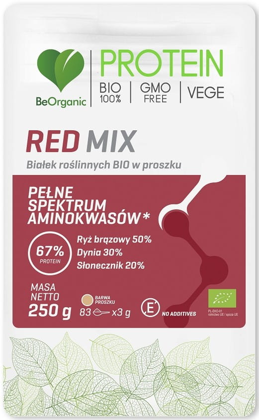 Rotes Bio-Pflanzenproteinpulver von BE ORGANIC in 250 g Packung, cremige Konsistenz, natürliche Zutaten, ideal für Smoothies.