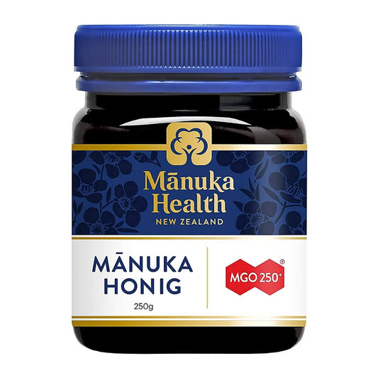 Manukahonig 250g von Manuka Health New Zealand, naturreiner Honig mit Manuka-Bee-Label, in Glasdose.