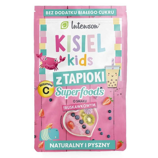 Tapioka-Kids-Gelee mit Erdbeergeschmack von INTENSON EUROPE, 30g, glattes, rotes Gelee in Verpackung für Kinder