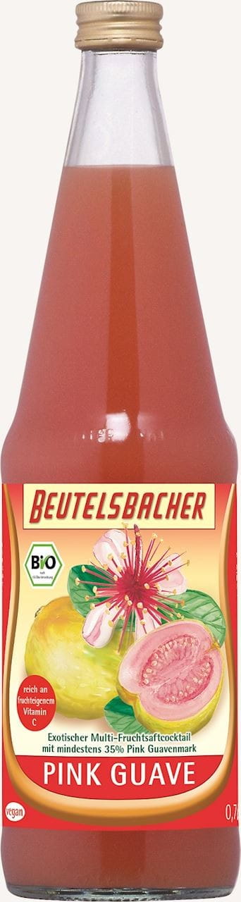 Bio Guaven Fruchtcocktail in 700 ml Beutelsbacher Flasche, frisch und fruchtig, zeigt die leuchtende Guavenfarbe.