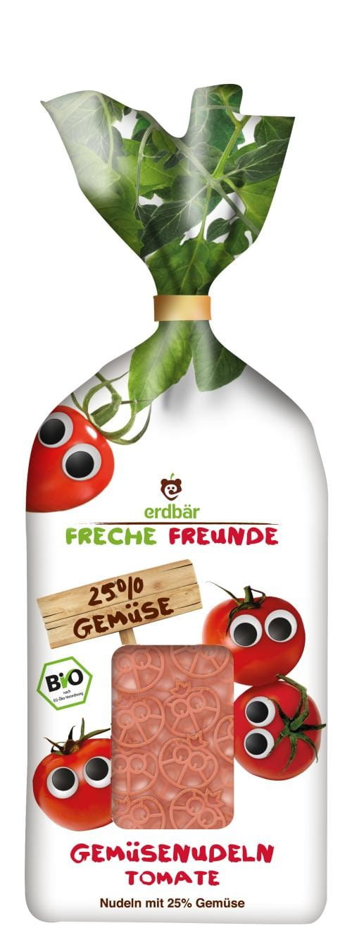 Gemüsenudeln mit Tomate von ERDBAR - FRECHE FREUNDE, 300g, frische vegetarische Pasta mit Tomatensauce, natürlich und gesund.