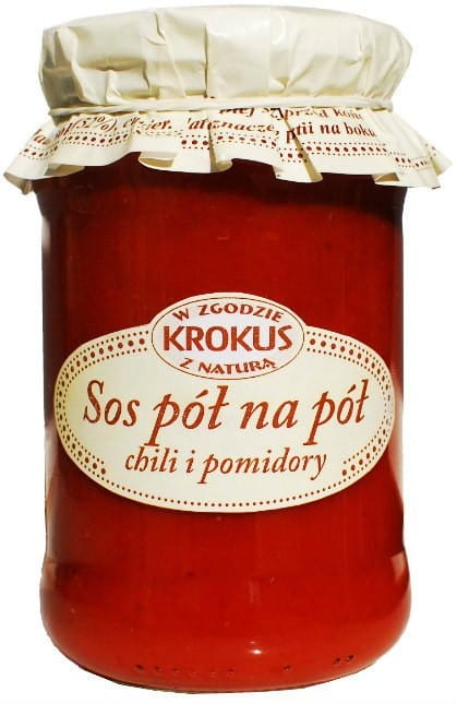 Halb und halb Chilisauce und Tomaten, 340g, KROKUS, cremige Sauce mit Chilis und Tomaten in Glas verpackt