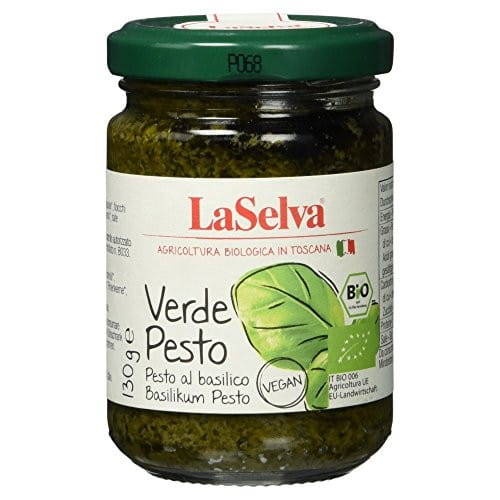 Grünes Basilikumpesto Verde in 130g Glas, bio-zertifiziert, von LASELVA, mit frischen Basilikumblättern und Kräutern.