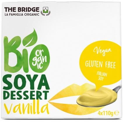 Veganes Sojadessert mit Vanillegeschmack, 4x110g, von THE BRIDGE, EKO zertifiziert, cremige Süßspeise in Schälchen
