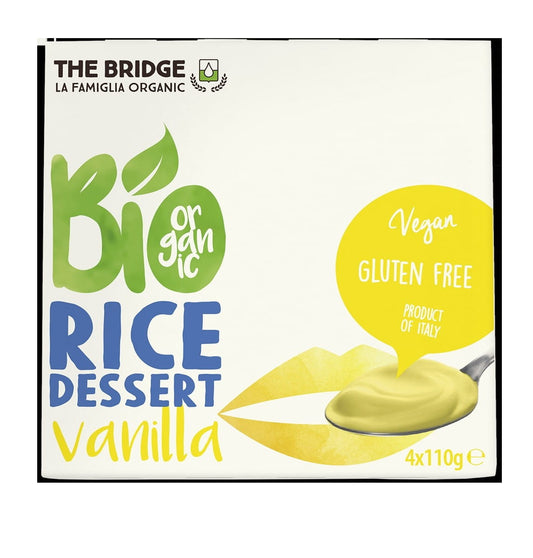Reisdessert mit Vanille, glutenfrei, 4x110g von THE BRIDGE, cremige Vanille-Reisdessert in Packungen.