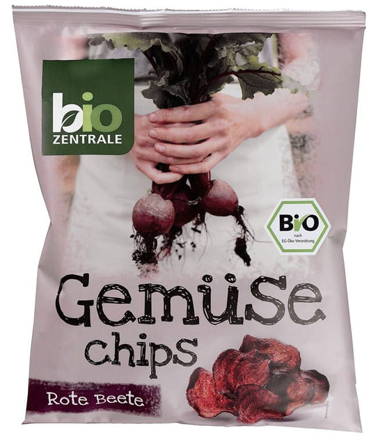 Rote-Bete-Chips ohne Gluten von BIO-ZENTRALE, 90g, Bio und umweltfreundlich verpackt, knusprig und rot gefärbte Gemüsesnack.