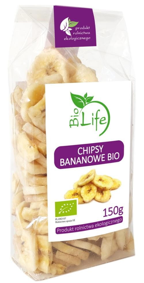 Bananenchips in 150g EKO BIO LIFE Verpackung, knusprige, getrocknete Bananen für gesunden Snack.