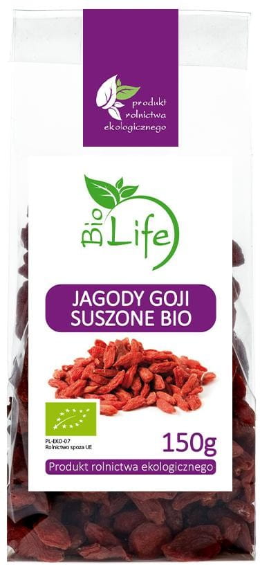 Getrocknete Goji-Beeren im 150g Beutel von BIO LIFE, nachhaltige Bio-Qualität, frische und gesunde Trockenfrüchte.