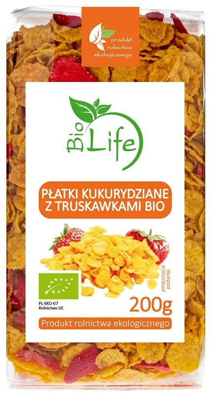 Bio Cornflakes mit Erdbeeren in 200g Packung von BIO LIFE, knusprig und fruchtig für ein gesundes Frühstück.