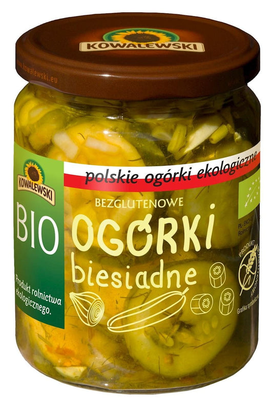 Geschnittene, eingelegte Bio-Gurken von KOWALEWSKI in Glas, schlemmerfrei, 480 g (270 g) Nettogewicht, frische und saftige Gurken.