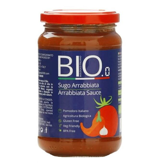 Glutenfreie Arrabbiata Tomatensauce von GESTAL, 340g, mit scharfen Tomaten und Gewürzen, in einer Glasflasche.