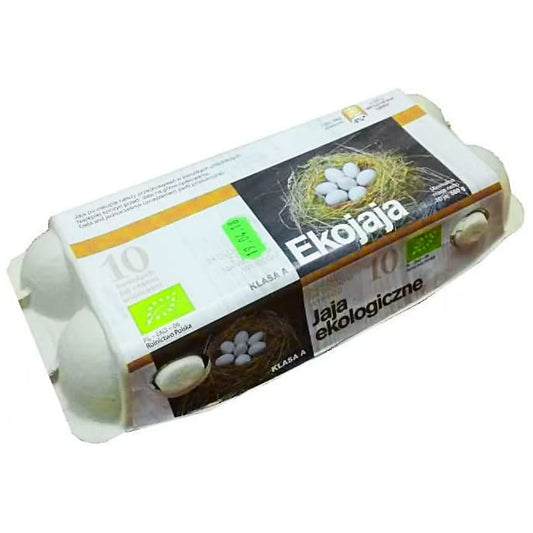 Zehn frische Eier von JAJA EKOLOGICZNE in einer transparenten Verpackung, umweltfreundlich und biologisch produziert.