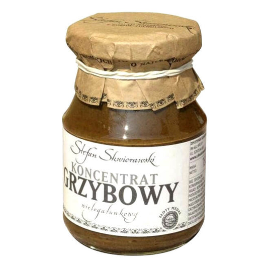 Mehrarten-Pilzkonzentrat von STEFAN SKWIERAWSKI in einer 180g Dose, mit verschiedenen Pilzarten sichtbar