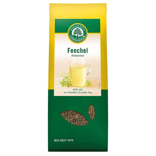 Bio-Fencheltee von LEBENSBAUM in 150 g Packung, frische Fenchelknollen und Teeblätter in einer transparenten Verpackung