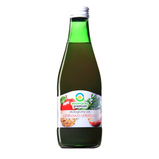 Glas mit frischem Apfel- und Selleriesaft von BIO FOOD, glutenfrei, biologisch, 300 ml, Nahaufnahme