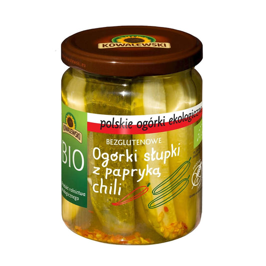 Eingelegte Bio-Gurken mit Chili von KOWALEWSKI, glutenfrei, in 480 g Packung, saftig und würzig