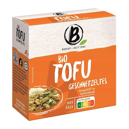 Geschnittener, glutenfreier Bio-Tofu in Streifen, 180 g, von BERIEF, auf weißem Hintergrund sichtbar
