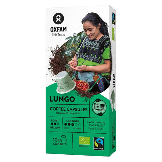 Arabica Lungo Bio Kaffee fair gehandelt in Nespresso-Kapseln von OXFAM, nachhaltiger Kaffee, umweltfreundliche Verpackung