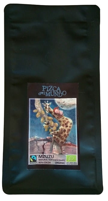 Heiße Schokolade Mzuzu von PIZCA DEL MUNDO, fair gehandelt und biologisch, in 750 g Packung, cremige Oberfläche, dunkle Schokolade