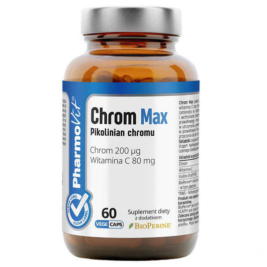 Chrom Max Chrompicolinat 200 μg Kapseln von PHARMOVIT, Nahaufnahme der schwarzen Kapseln in einer Packung.