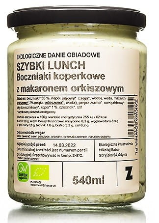 Austernpilzgericht mit Dinkelnudeln und frischem Dill in BIO-Qualität, ZAKWASOWNIA, 540 ml, cremiges Pilzgericht auf einem Teller