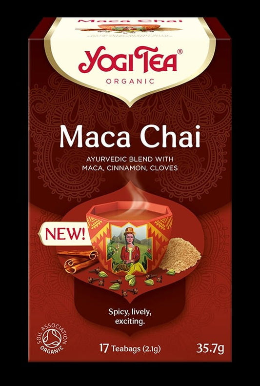 Bio Maca Chai Tee von YOGI TEA in 17 Beuteln à 21 g, aromatischer Kräutertee mit Maca und Chai-Geschmack.