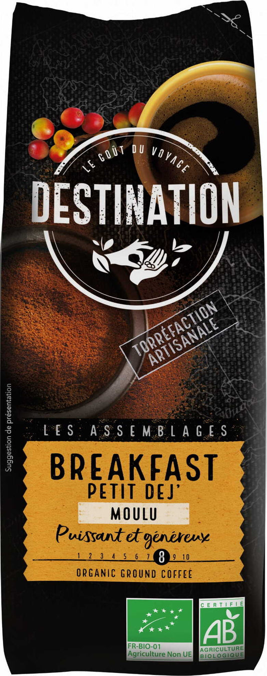 Gemahlener Kaffee p'tit dej von DESTINATION, Bio-Qualität, 250g Packung, frisch gemahlen, ideal für Kaffeezubereitung.