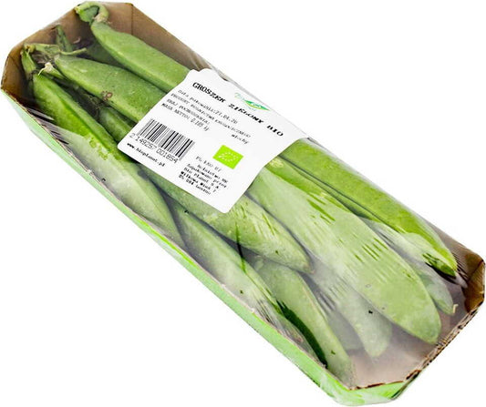 Frische grüne Bio-Erbsen in 200g Packung, sichtbar mit zarten, grünen Erbsen im Beutel, von BIO PLANET