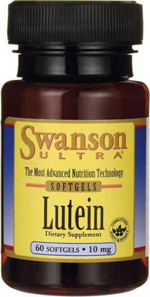 Gelbe Lutein-Kapseln von SWANSON, 10 mg Lutein, 60 Stück, in einer transparenten Blisterpackung, Nahaufnahme