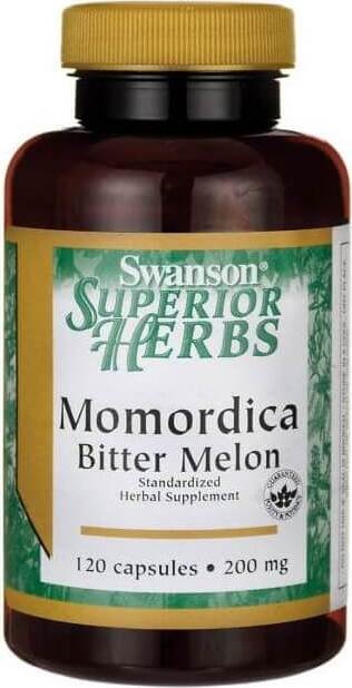 Swanson Bittermelone Momordica Kapseln, 200mg, 120 Stück, Nahaufnahme der Verpackung und Kapseln.