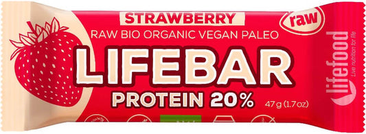 Protein-Erdbeerriegel mit Reisprotein von LIFEFOOD, Bio, 47 g, zeigt den Riegel mit Erdbeer- und Reispflege in natürlicher Optik