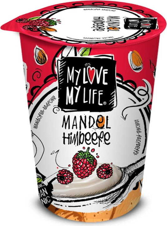 Himbeer-Mandel-Produkt von MY LOVE MY LIFE in 180 g, zeigt eine Nahaufnahme der frischen Himbeeren und Mandeln.