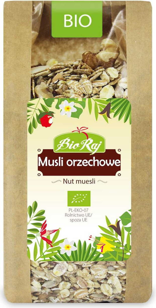 Bio Erdnussmüsli von BIO RAJ, 300 g, mit Nüssen und Haferflocken in einer offenen Schale.