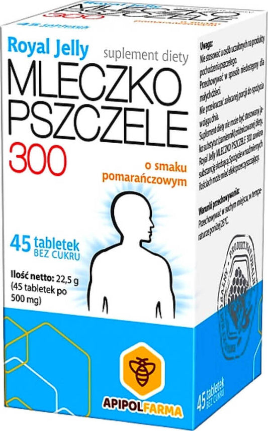 Gelée Royale 300mg Orangengeschmack in 45 zuckerfreien Tabletten von APIPOL FARMA, klare Verpackung und Tabletten sichtbar