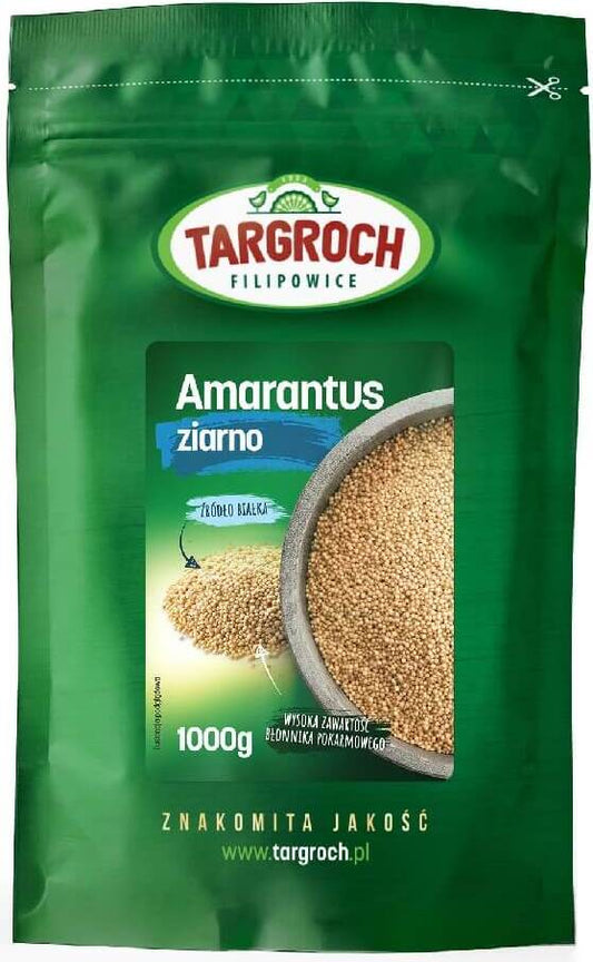 Amaranthkörner in 1000g TARGROCH Verpackung, getrocknet und klein, für gesunde Ernährung, auf weißem Hintergrund.