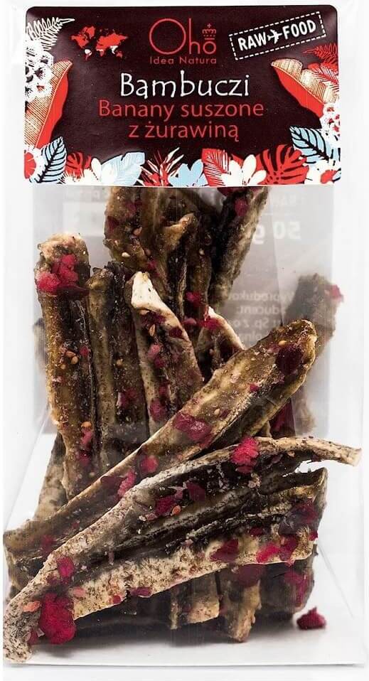 Getrocknete Bananen mit Cranberry, roh, BIO, 50 g von OHO BAMBUCZI, Nahaufnahme der Fruchtstücke in einer Verpackung