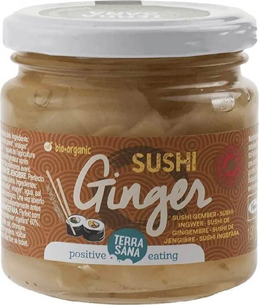 Bio eingelegter Ingwer für Sushi von TERRASANA, dünn geschnittener, gelber Ingwer in Essig eingelegt, 190 g Packung