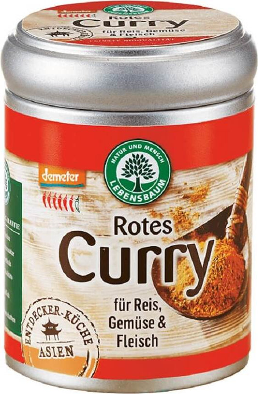 BIO rotes Currygewürz von LEBENSBAUM, 55 g, mit roten Gewürzen und Kräutern in einer Gewürzmischung auf weißem Hintergrund.