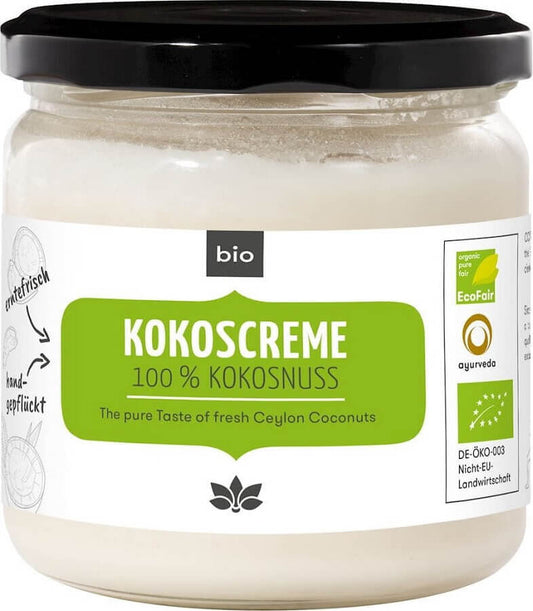 Glutenfreie Kokoscreme BIO von COSMOVEDA, 350 g, cremige Kokosnusscreme in Dose, ideal für vegane Rezepte.